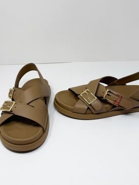 Fendi Feel Genuine Leather Logo Buckle Open Toe Slip On Sandals Shoes Cammello 9
